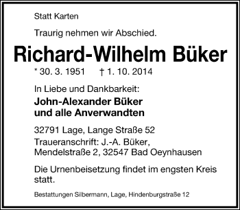 Anzeige  Richard-Wilhelm Büker  Lippische Landes-Zeitung
