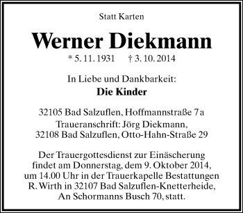 Anzeige  Werner Diekmann  Lippische Landes-Zeitung
