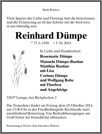 Anzeige  Reinhard Dümpe  Lippische Landes-Zeitung