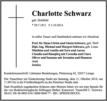 Anzeige  Charlotte Schwarz  Lippische Landes-Zeitung