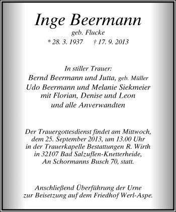 Anzeige  Inge Beermann  Lippische Landes-Zeitung