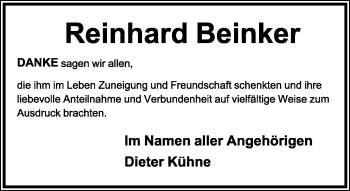 Anzeige  Reinhard Beinker  Lippische Landes-Zeitung