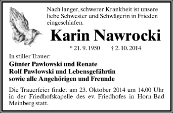 Anzeige  Karin Nawrocki  Lippische Landes-Zeitung