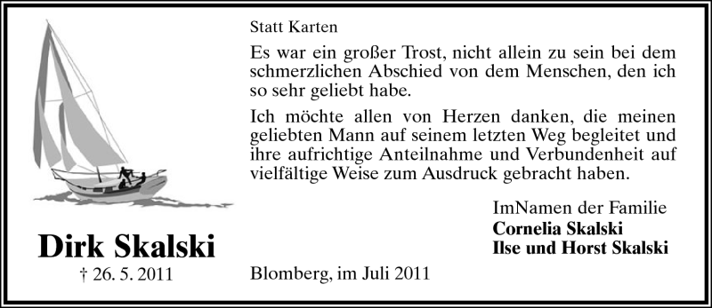 Traueranzeige für Dirk Skalski vom 30.07.2011 aus Lippische Landes-Zeitung
