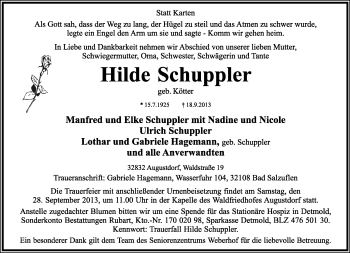 Anzeige  Hilde Schuppler  Lippische Landes-Zeitung
