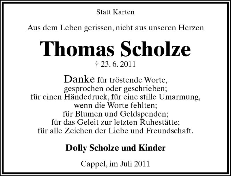  Traueranzeige für Thomas Scholze vom 30.07.2011 aus Lippische Landes-Zeitung