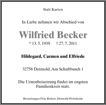Anzeige  Wilfried Becker  Lippische Landes-Zeitung