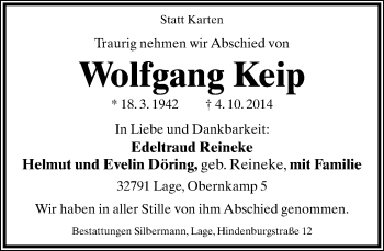 Anzeige  Wolfgang Keip  Lippische Landes-Zeitung