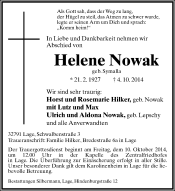 Anzeige  Helene Nowak  Lippische Landes-Zeitung