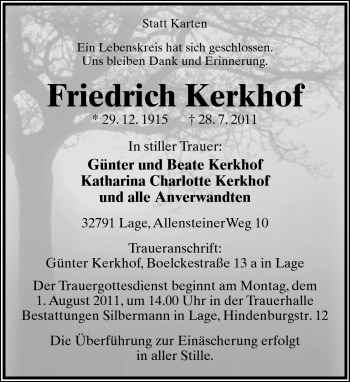 Anzeige  Friedrich Kerkhof  Lippische Landes-Zeitung