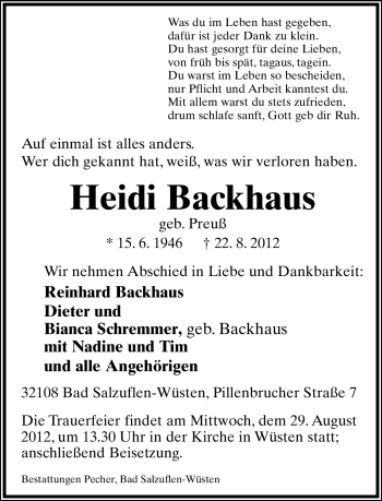 Anzeige  Heidi Backhaus  Lippische Landes-Zeitung