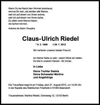 Anzeige  Claus-Ulrich Riedel  Lippische Landes-Zeitung