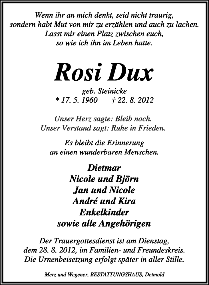  Traueranzeige für Rosi Dux vom 25.08.2012 aus Lippische Landes-Zeitung