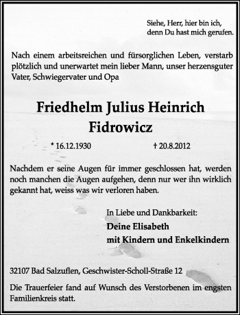 Anzeige  Friedhelm Julius Heinrich Fidrowicz  Lippische Landes-Zeitung