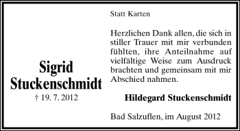 Anzeige  Sigrid Stuckenschmidt  Lippische Landes-Zeitung
