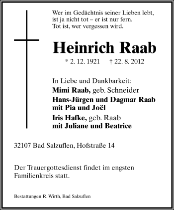 Anzeige  Heinrich Raab  Lippische Landes-Zeitung