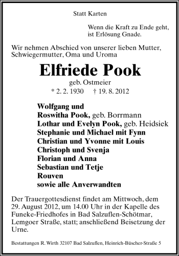 Anzeige  Elfriede Pook  Lippische Landes-Zeitung