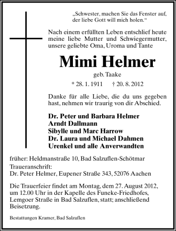 Anzeige  Mimi Helmer  Lippische Landes-Zeitung