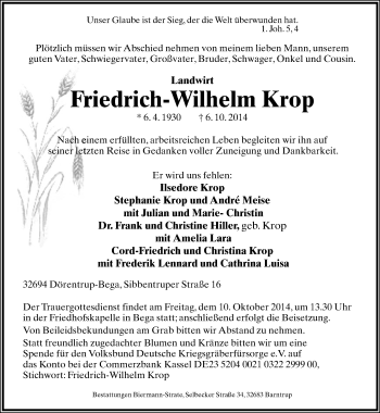 Anzeige  Friedrich-Wilhelm Krop  Lippische Landes-Zeitung