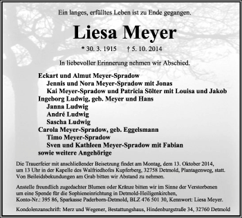 Anzeige  Liesa Meyer  Lippische Landes-Zeitung