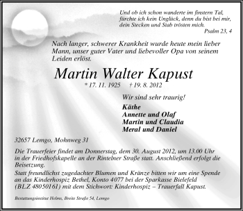 Anzeige  Martin Walter Kapust  Lippische Landes-Zeitung