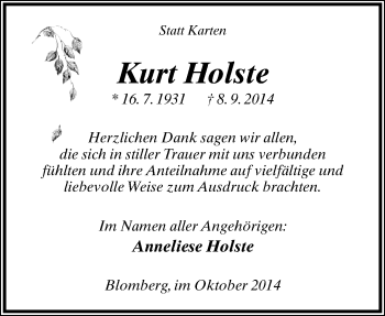 Anzeige  Kurt Holste  Lippische Landes-Zeitung
