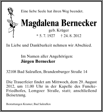 Anzeige  Magdalene Bernecker  Lippische Landes-Zeitung