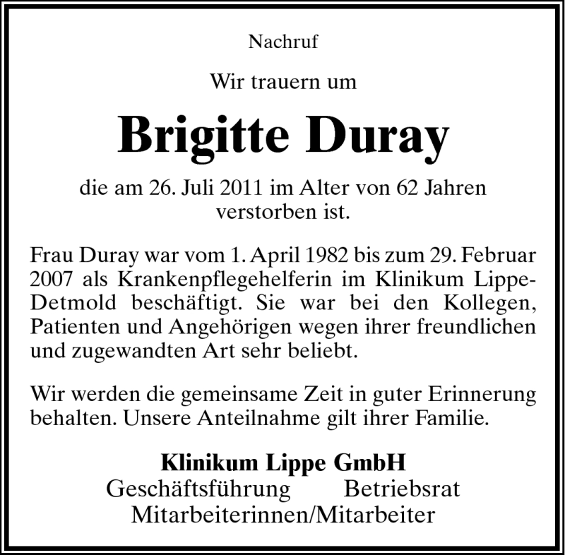  Traueranzeige für Brigitte Duray vom 30.07.2011 aus Lippische Landes-Zeitung