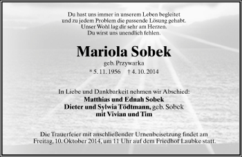 Anzeige  Mariola Sobek  Lippische Landes-Zeitung