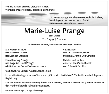 Anzeige  Marie-Luise Prange  Lippische Landes-Zeitung