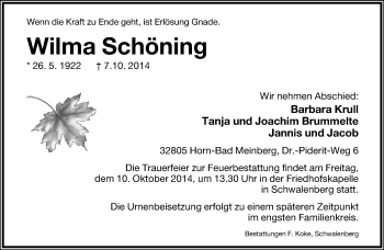 Anzeige  Wilma Schöning  Lippische Landes-Zeitung