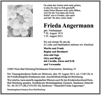 Anzeige  Frieda Angermann  Lippische Landes-Zeitung