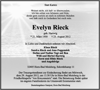 Anzeige  Evelyn Rieck  Lippische Landes-Zeitung