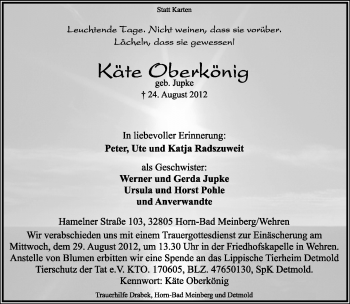 Anzeige  Käte Oberkönig  Lippische Landes-Zeitung