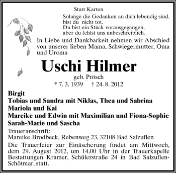 Anzeige  Uschi Hilmer  Lippische Landes-Zeitung