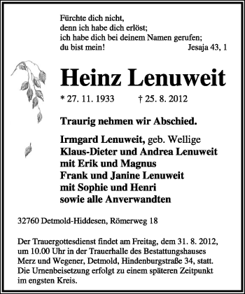 Anzeige  Heinz Lenuweit  Lippische Landes-Zeitung