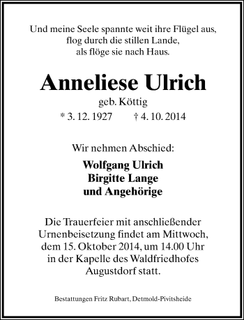 Anzeige  Anneliese Ulrich  Lippische Landes-Zeitung