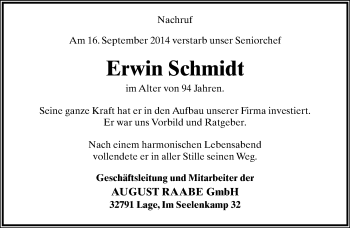 Anzeige  Erwin Schmidt  Lippische Landes-Zeitung