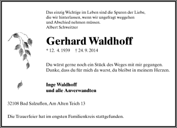 Anzeige  Gerhard Waldhoff  Lippische Landes-Zeitung