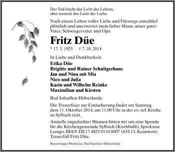 Anzeige  Fritz Düe  Lippische Landes-Zeitung