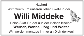 Anzeige  Willi Middeke  Lippische Landes-Zeitung