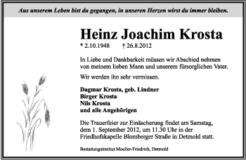 Anzeige  Heinz Joachim Krosta  Lippische Landes-Zeitung