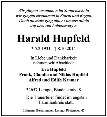 Anzeige  Harald Hupfeld  Lippische Landes-Zeitung