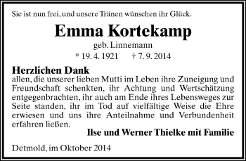Anzeige  Emma Kortekamp  Lippische Landes-Zeitung