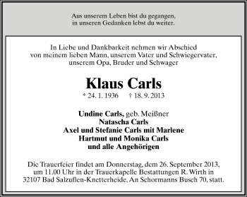 Anzeige  Klaus Carls  Lippische Landes-Zeitung