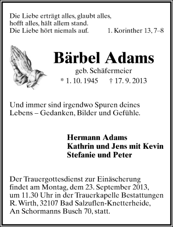 Anzeige  Bärbel Adams  Lippische Landes-Zeitung