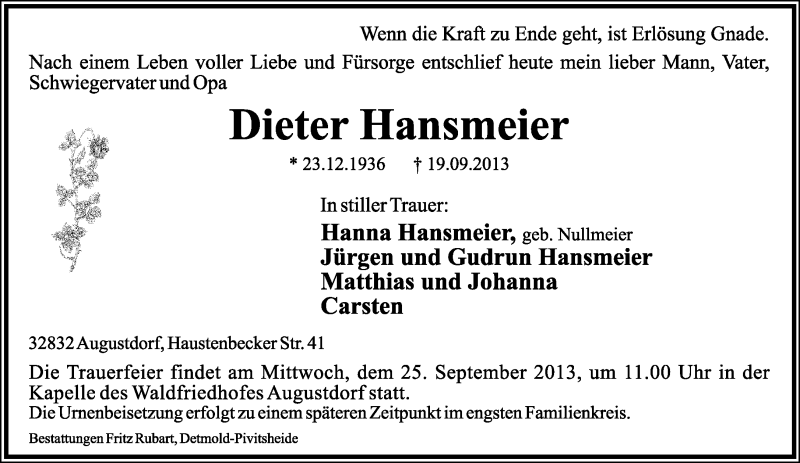  Traueranzeige für Dieter Hansmeier vom 21.09.2013 aus Lippische Landes-Zeitung