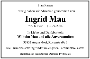 Anzeige  Ingrid Mau  Lippische Landes-Zeitung