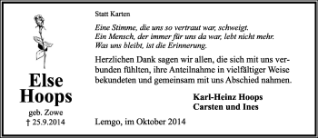 Anzeige  Else Hoops  Lippische Landes-Zeitung