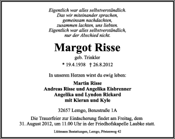 Anzeige  Margot Risse  Lippische Landes-Zeitung